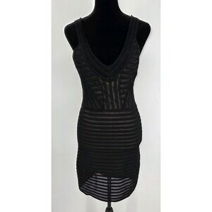 Bebe Mesh Cocktail Dress Medium Black w Nude Lining V-Neck Bodycon
